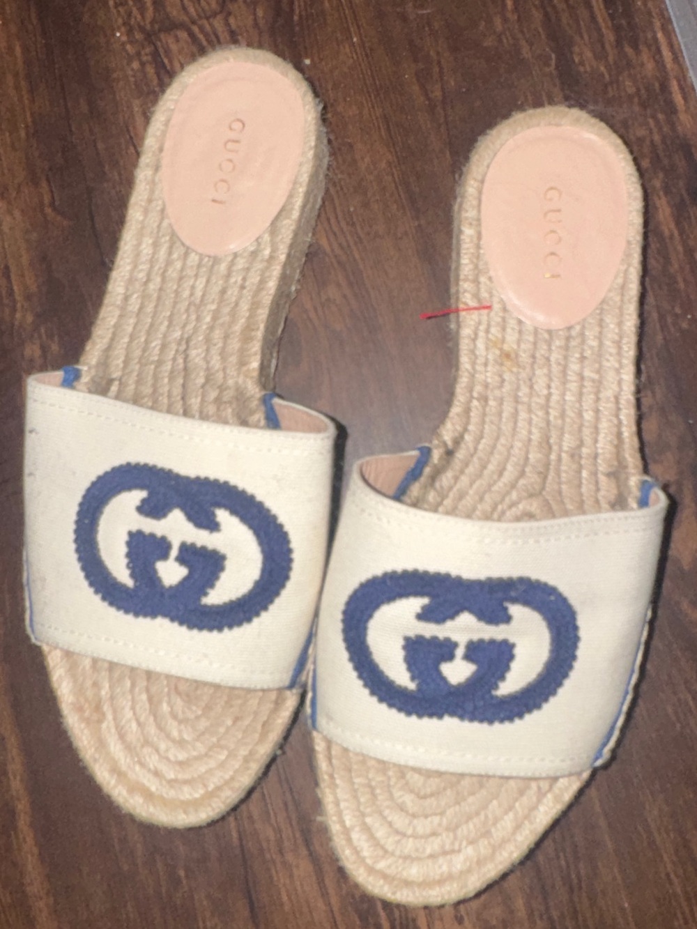Gucci White Canvas Espadrille Slide Mules with Blue Logo